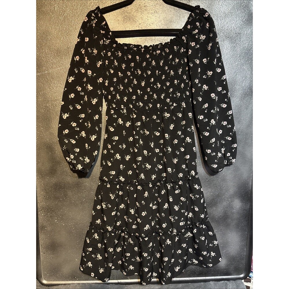 Lily Rose Black Floral Smocked Midi Dress S Ruffle Cottagecore Dark Romance